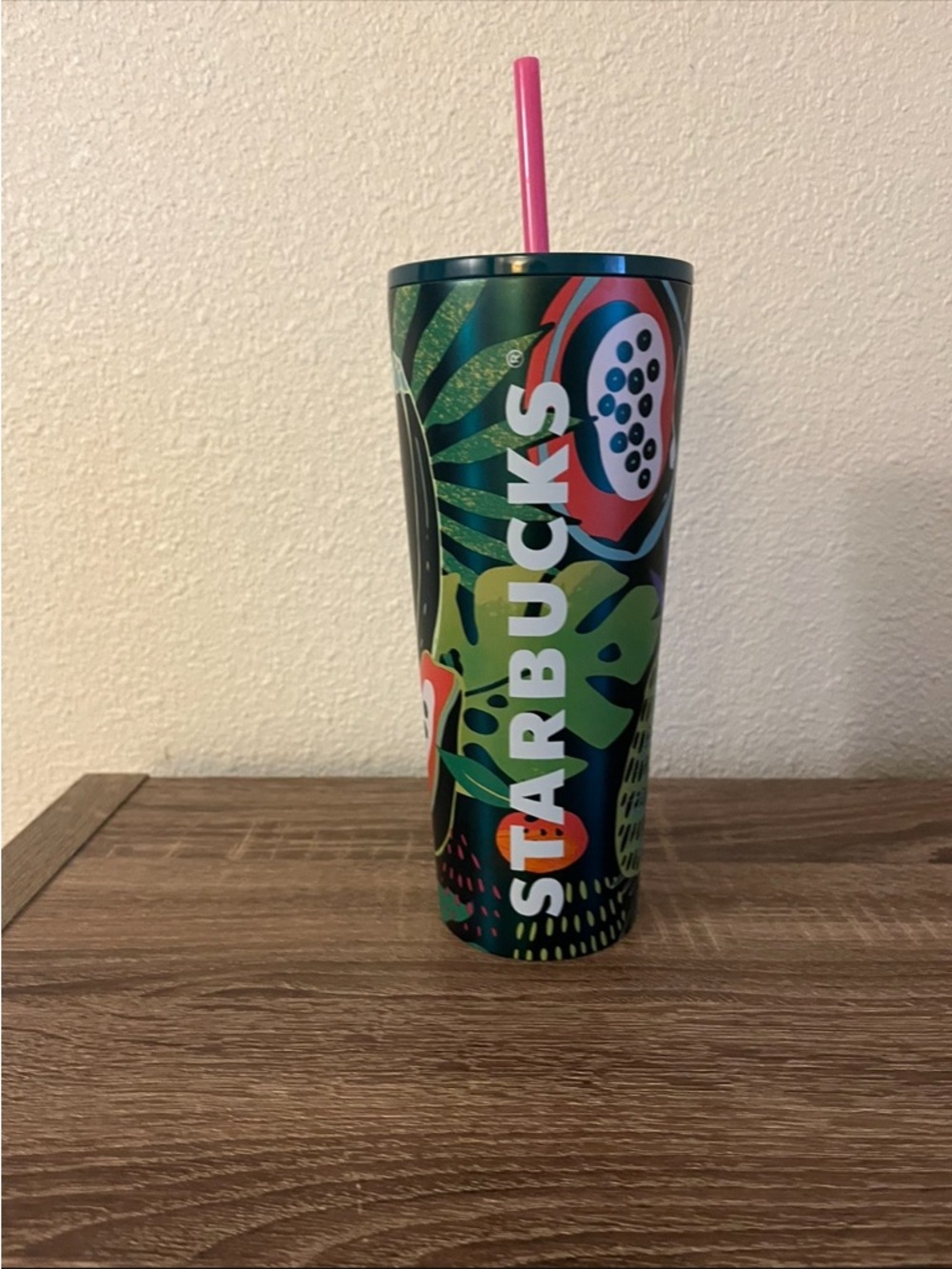 Starbucks Green Tropical Print Tumbler with Pink Straw